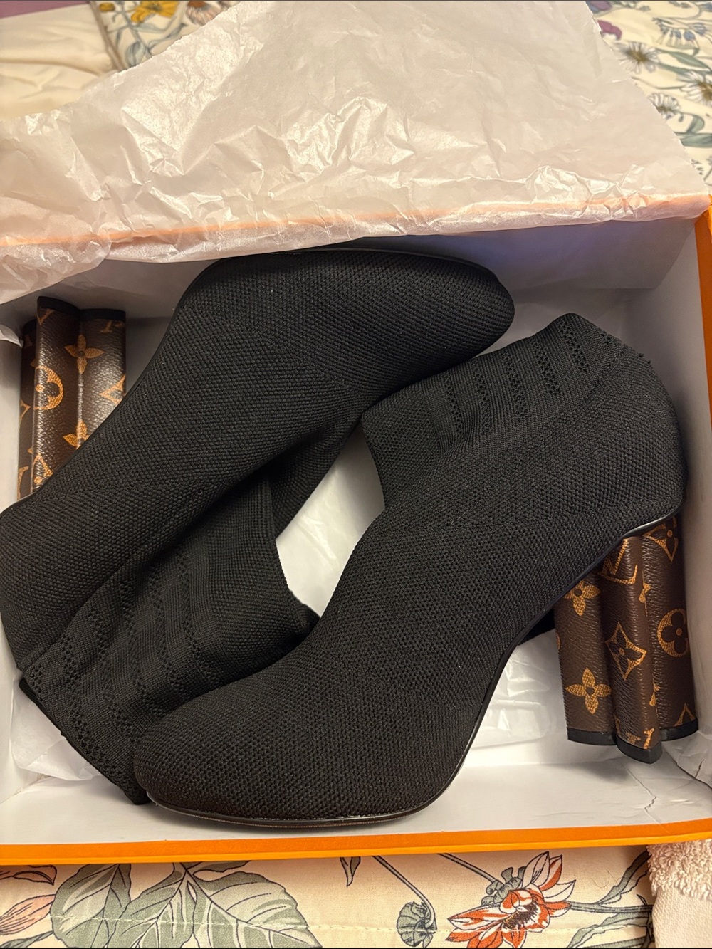 Louis Vuitton Black Knit Ankle Booties with Monogram Heel